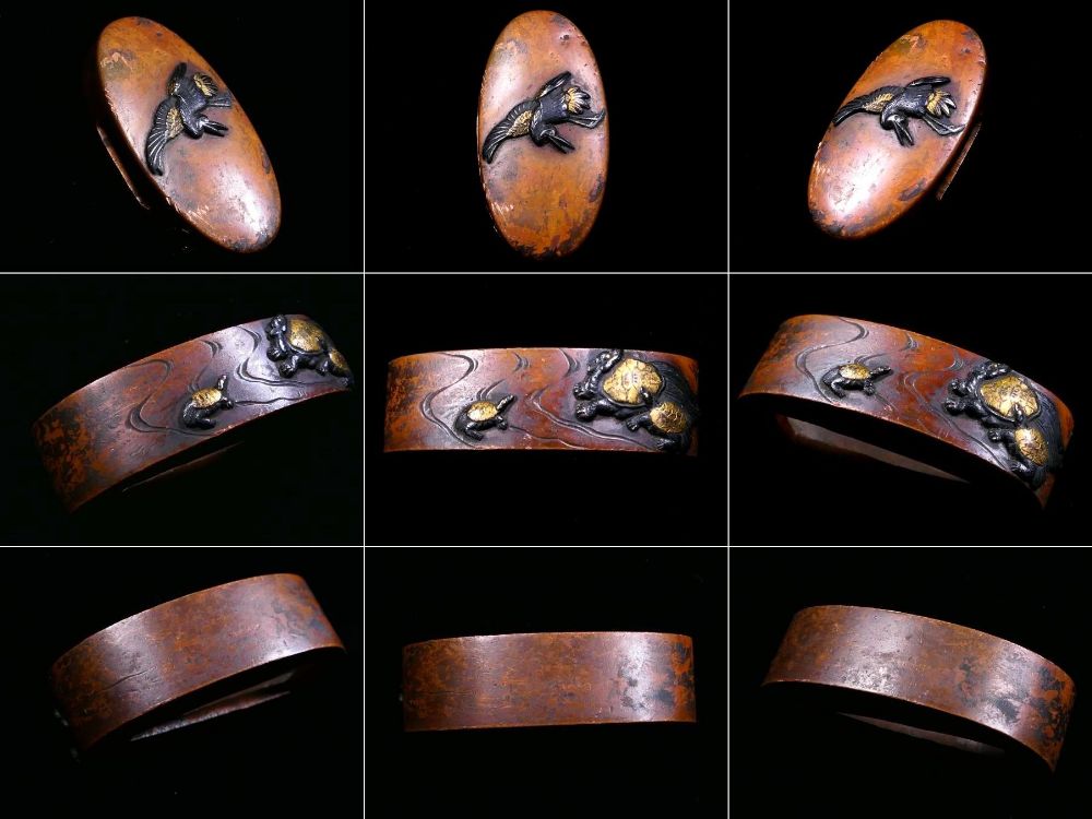 恵 #1800 】後藤系統の優品 繊細細工の鶴亀図 金銀象嵌色絵 素銅地 縁